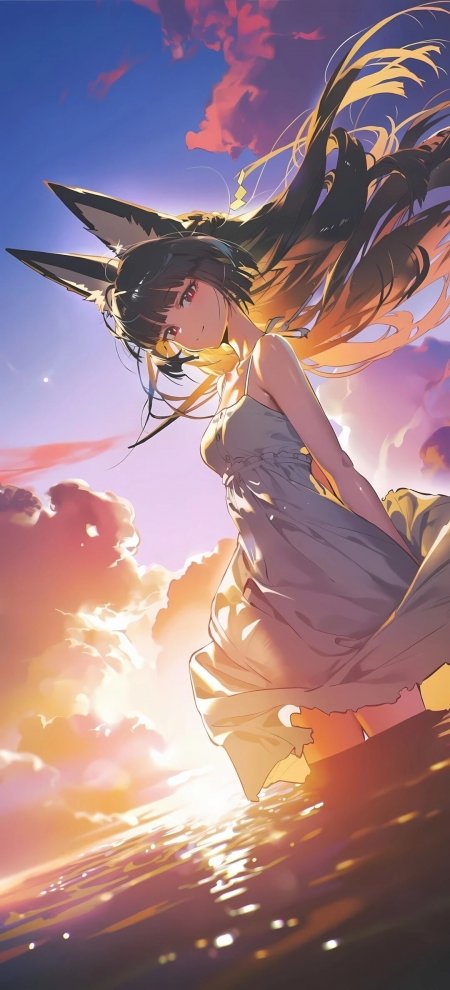 兽耳少女夕阳海边白裙飘逸唯美二次元动漫手机壁纸