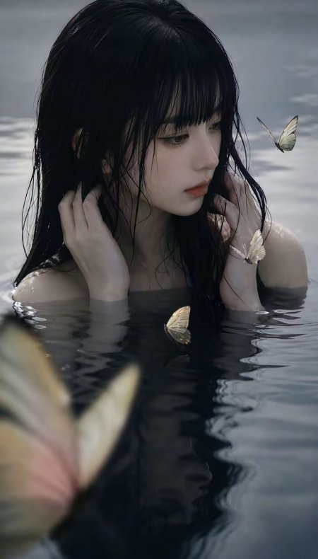 水中湿发少女蝴蝶环绕清冷氛围感人像美女摄影手机壁纸