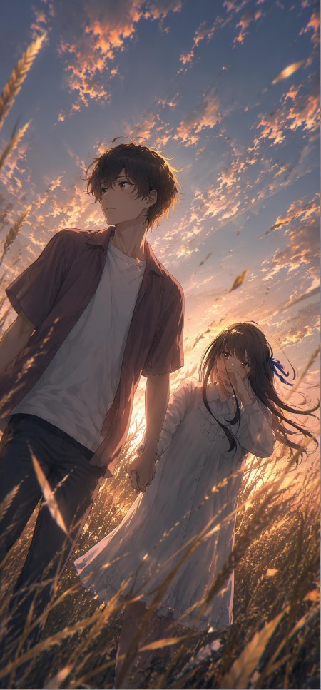 夕阳麦田牵手情侣唯美二次元插画手机壁纸
