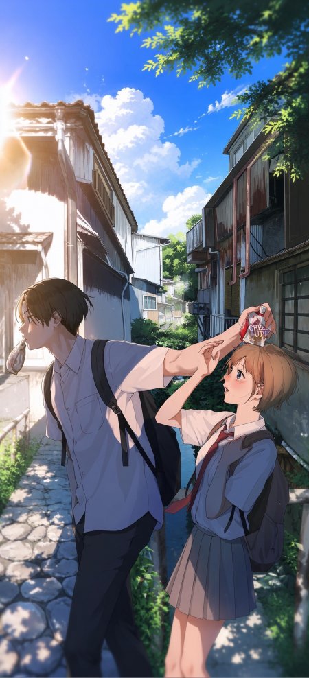 夏日小巷校服男女互动喝饮料清新动漫手机壁纸