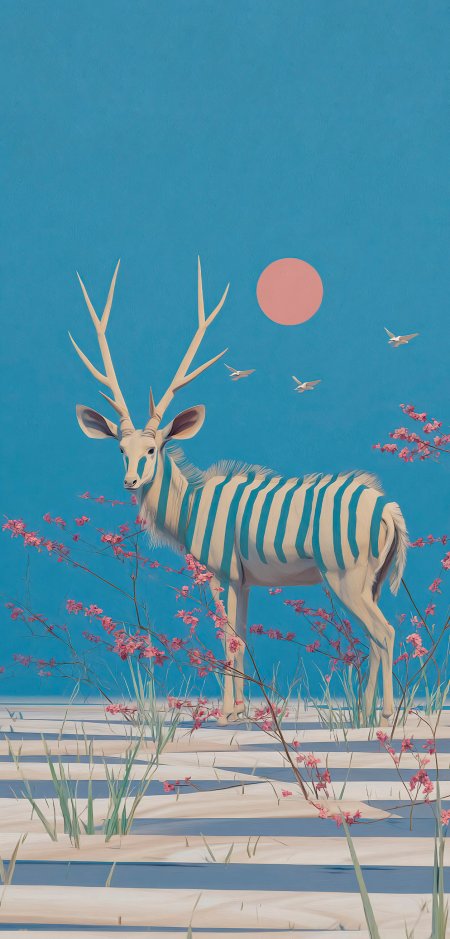 条纹神鹿蓝色背景粉色花朵超现实艺术插画手机壁纸