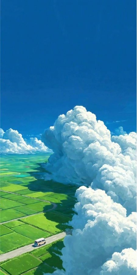 新海诚风格蓝天白云绿色田野公路巴士夏日风景插画手机壁纸
