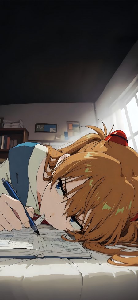 新世纪福音战士明日香少女趴桌写作业疲惫神态动漫手机壁纸