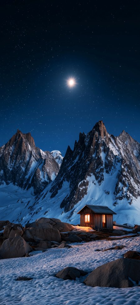 雪山脚下木屋暖光星空璀璨夜景风光摄影手机壁纸