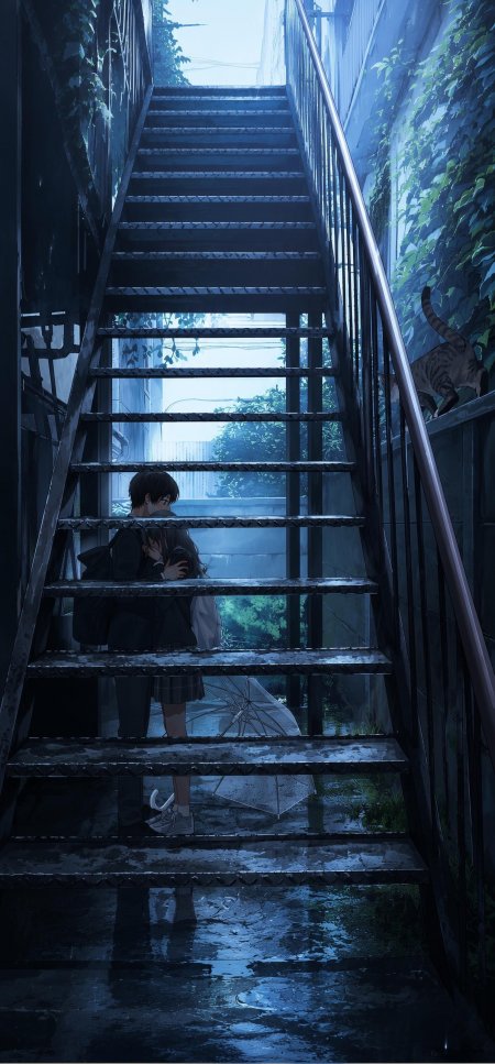 雨天铁楼梯下拥抱的情侣与猫日系治愈插画手机壁纸