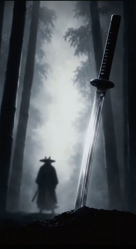 竹林迷雾中插地长刀远处武士剪影禅意武侠手机壁纸