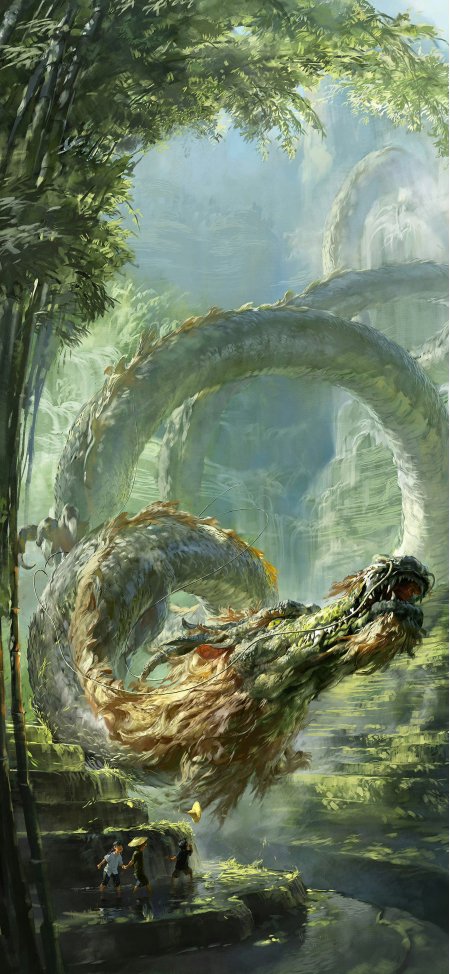 竹林深处巨龙盘旋孩童仰望国风奇幻插画手机壁纸