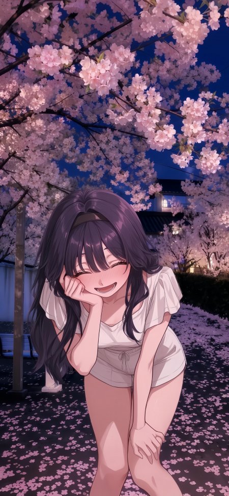 紫发少女夜樱树下羞涩微笑粉色花瓣飘落二次元插画手机壁纸