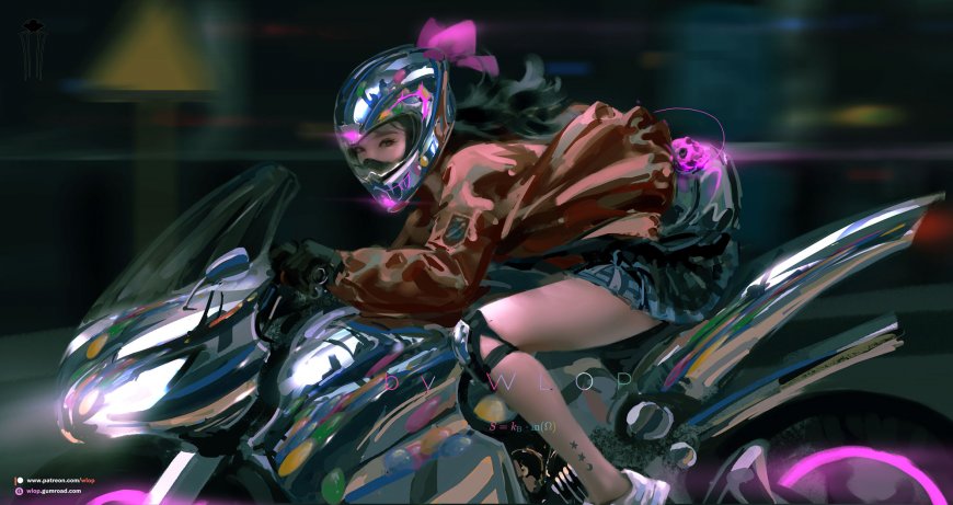 wlop原创云虫手绘机车少女粉色蝴蝶结霓虹紫动漫电脑壁纸