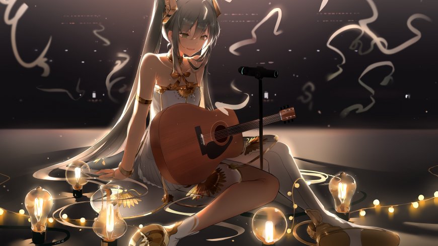初音未来吉他演奏暖金动漫电脑壁纸
