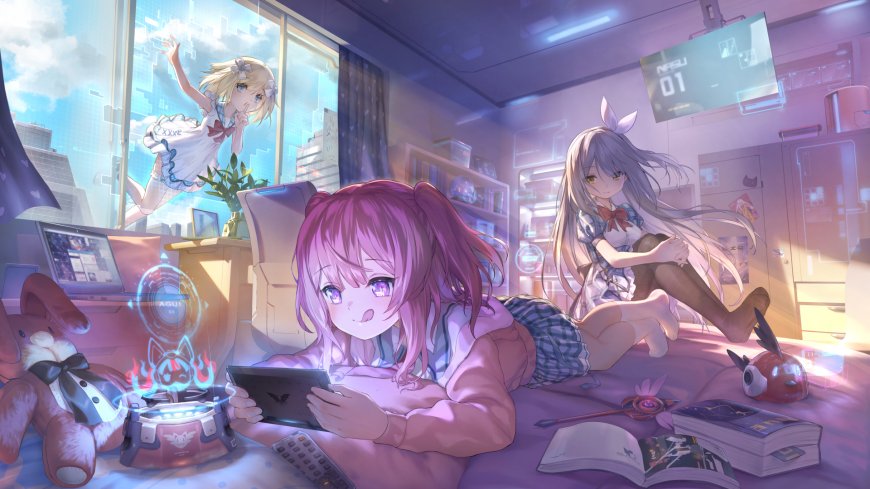 粉色双马尾少女卧床持平板紫蓝光影动漫电脑动漫电脑壁纸