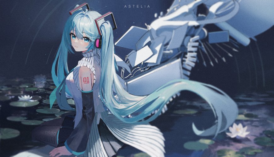 初音未来水边机械装置蓝白动漫电脑壁纸