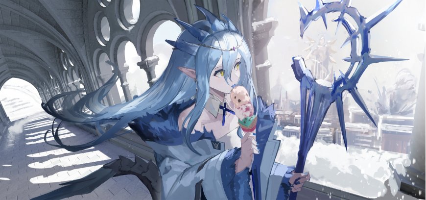 蓝发精灵少女持冰激凌冰晶法杖蓝白奇幻动漫动漫电脑壁纸