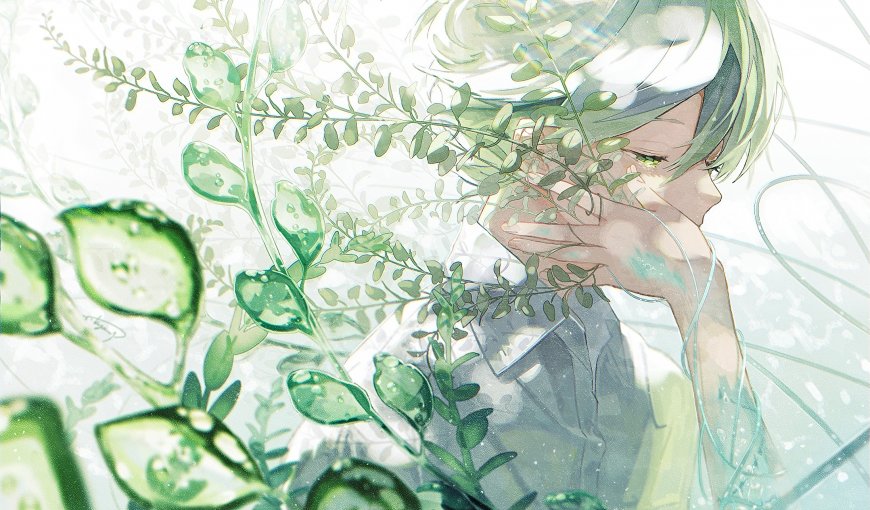 绿发少女掩面植物环绕清新动漫电脑壁纸