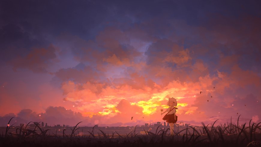 猫耳少女手持花朵草地夕阳城市剪影治愈系插画电脑壁纸