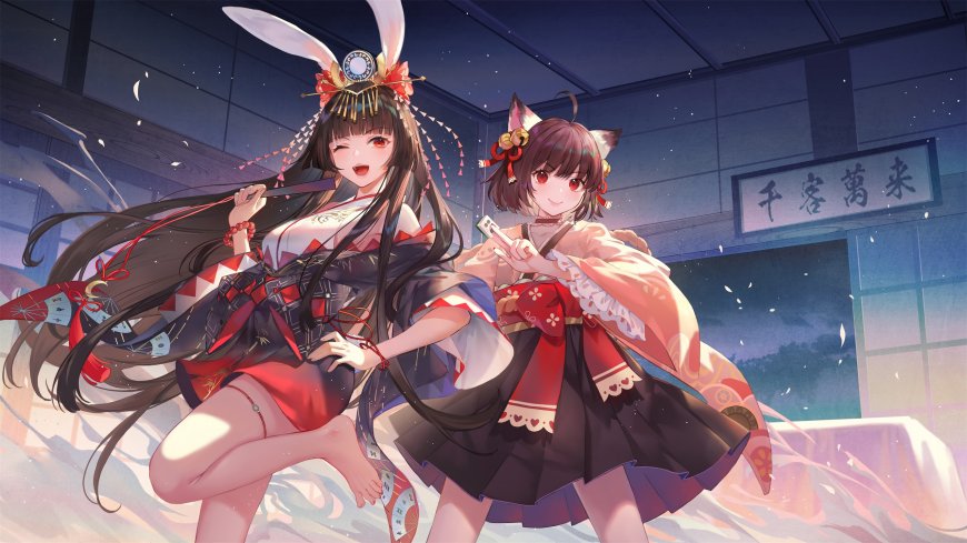 阴阳师兔耳少女狐耳少女红黑和风动漫电脑壁动漫电脑壁纸