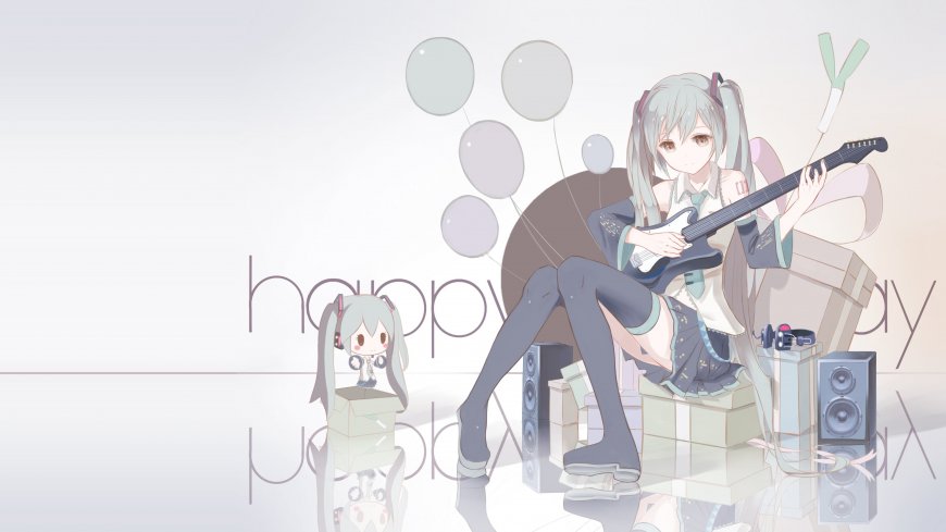 初音未来弹吉他银发双马尾粉紫动漫电脑壁纸