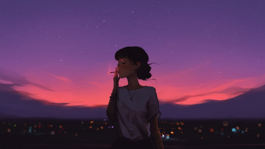 短发少女抽烟侧影紫红晚霞城市灯火忧郁风插画电脑壁纸