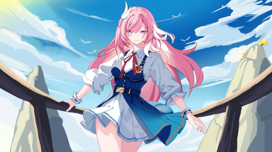 粉色长发少女蓝白校服蓝天白云动漫电脑壁纸