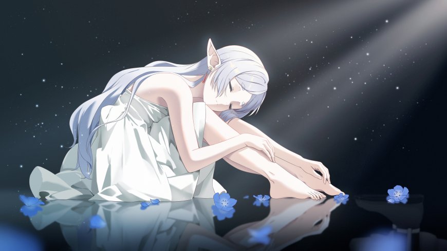 葬送的芙莉莲白裙抱膝星空蓝花静谧动漫少女电脑壁纸