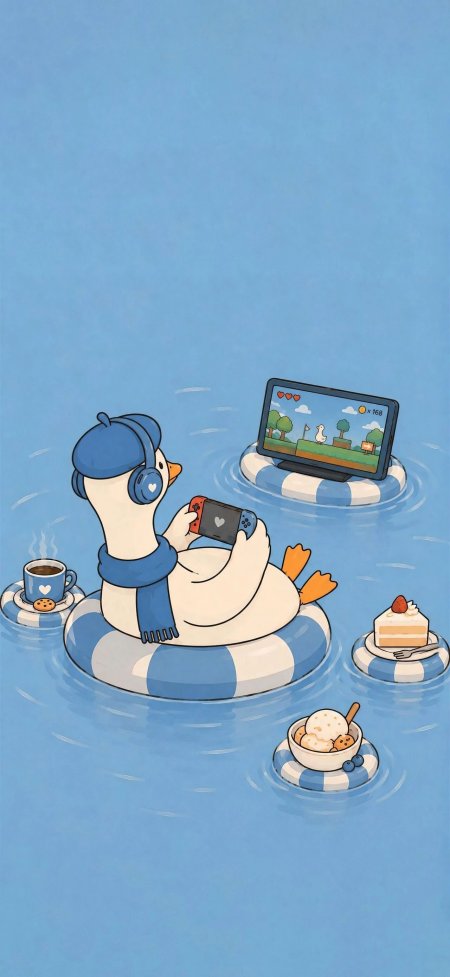 戴耳机鸭子漂浮游戏蓝白治愈插画手机壁纸