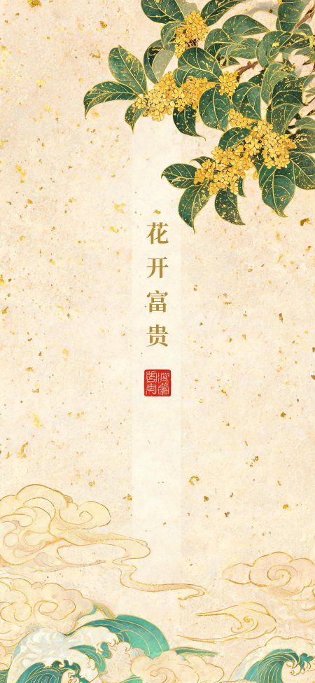 桂花枝叶金箔点缀米白古风手机壁纸