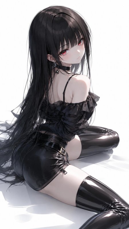 黑长直红瞳少女黑色蕾丝服饰暗黑动漫手机壁