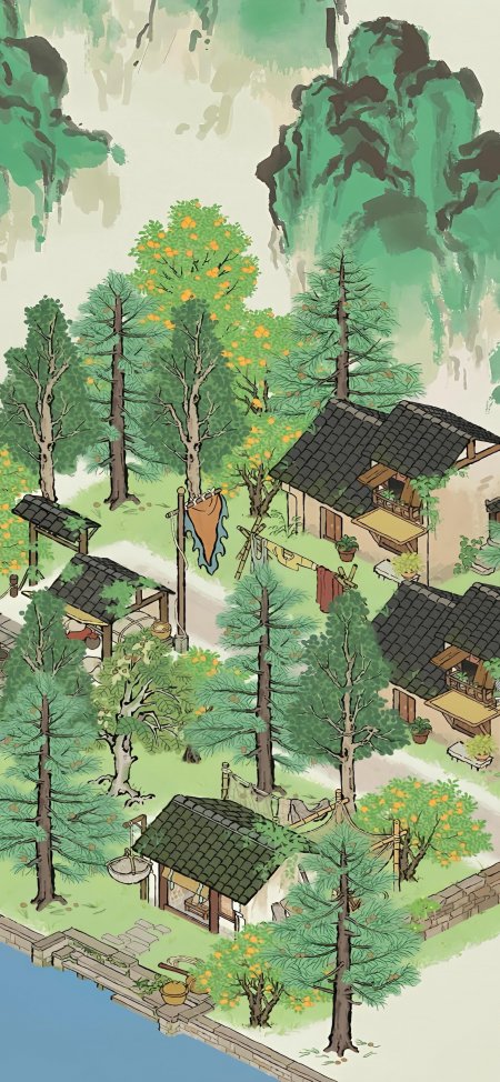江南水乡村落青绿古风插画手机壁纸