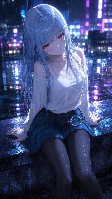 蓝发红瞳少女雨夜霓虹紫蓝动漫手机壁纸