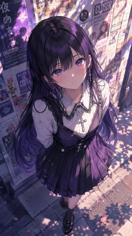 紫发少女街头回眸紫黑动漫手机壁纸