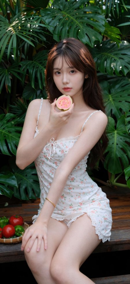 美女手持番石榴绿植背景暖柔人物摄影手机壁