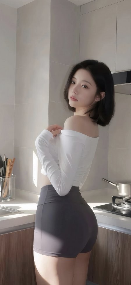 短发美女厨房回眸白灰穿搭暖光人物摄影手机