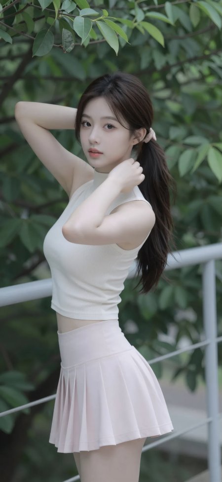 美女扎马尾白衫粉裙绿意清新人物摄影手机壁