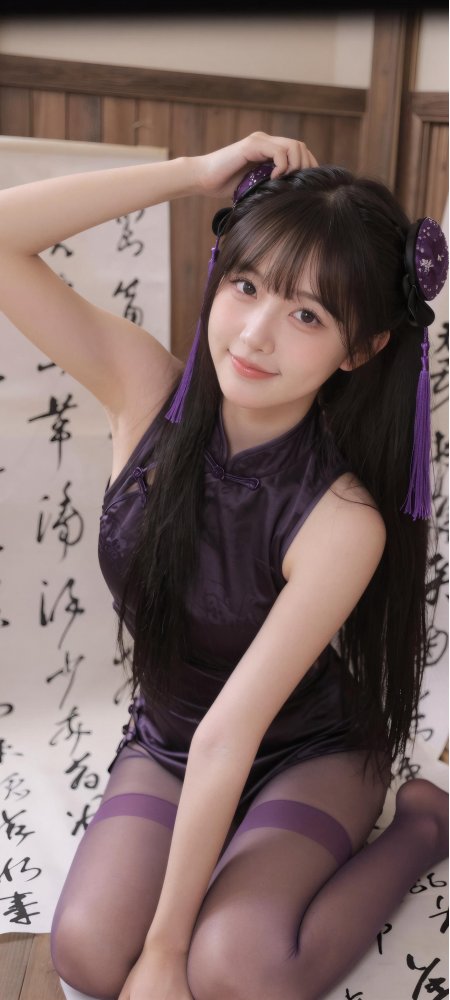 紫衣少女旗袍双马尾紫韵古风人物摄影手机壁