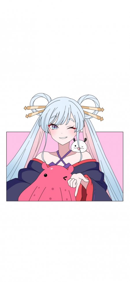 银发双马尾少女wink抱粉色章鱼粉紫动漫