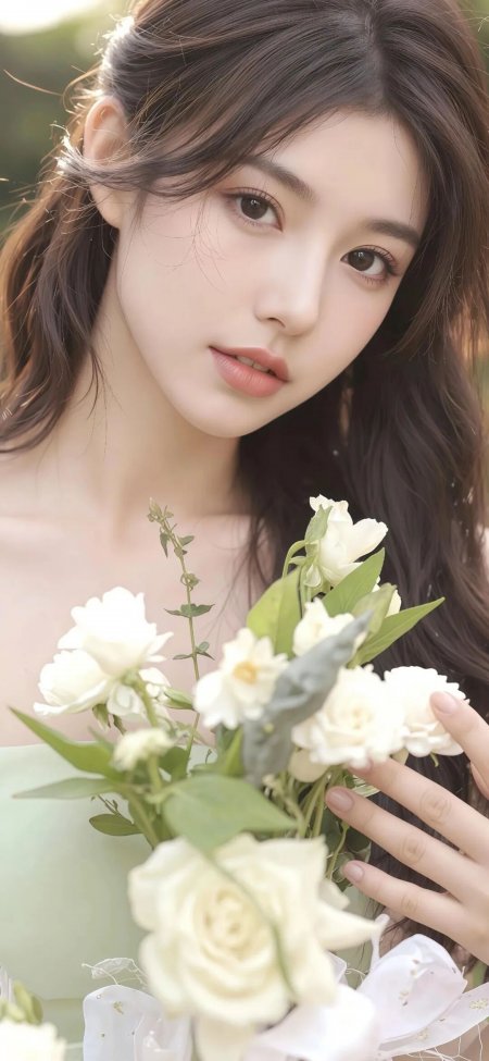 长发美女手持白玫瑰柔光人物摄影手机壁纸