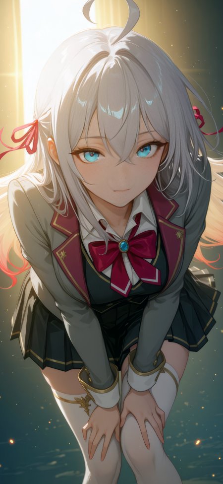 银发蓝眼少女校服俯身金光动漫手机壁纸