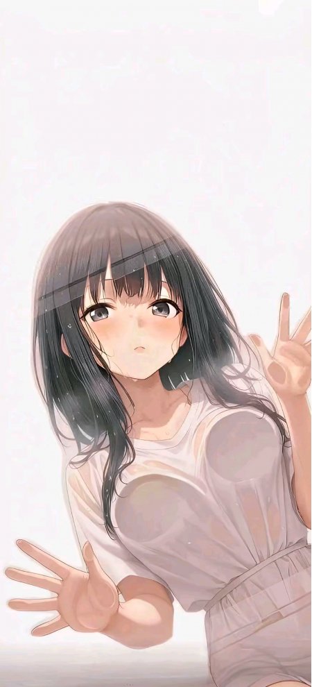 黑发少女湿发比耶粉白动漫手机壁纸