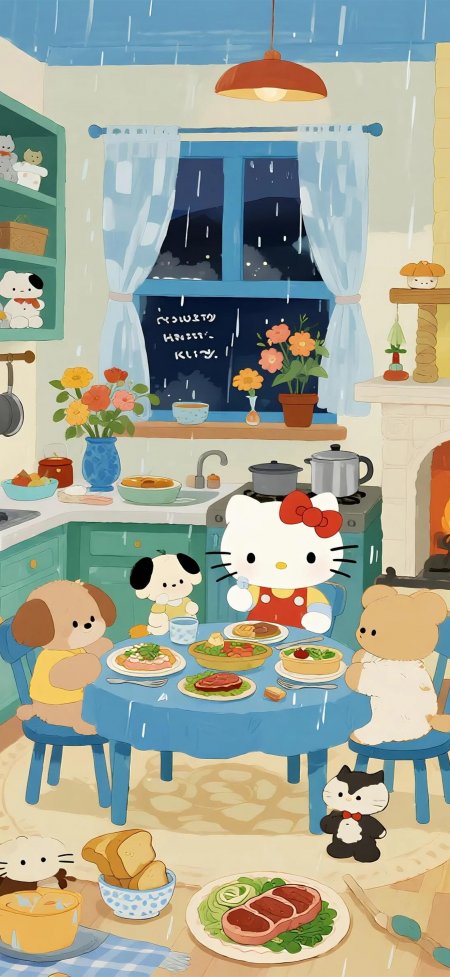 HelloKitty与伙伴雨夜共餐蓝绿温