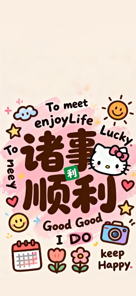 HelloKitty诸事顺利粉色可爱插画