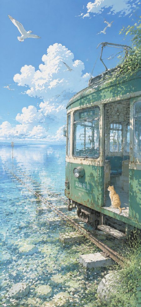 废弃电车海边猫咪蓝白清新插画手机壁纸