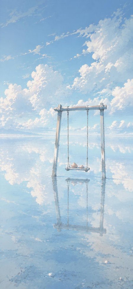 天空之镜秋千倒影蓝白唯美插画手机壁纸