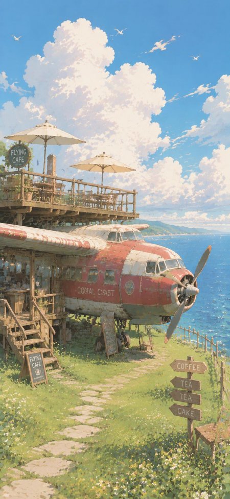 废弃飞机改造咖啡馆海边绿茵蓝白插画手机壁