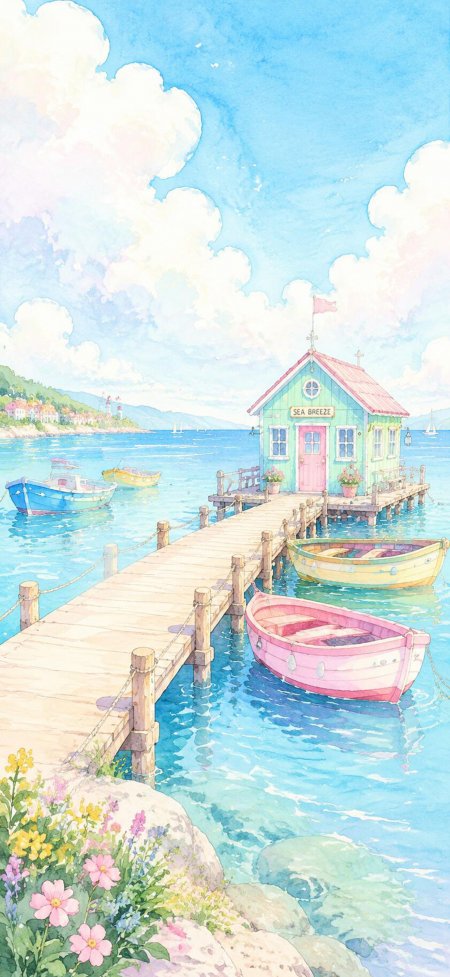 海边小屋码头花丛蓝白水彩插画手机壁纸