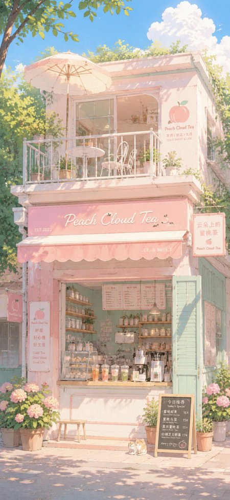 粉色桃云茶屋街景暖粉治愈风插画手机壁纸