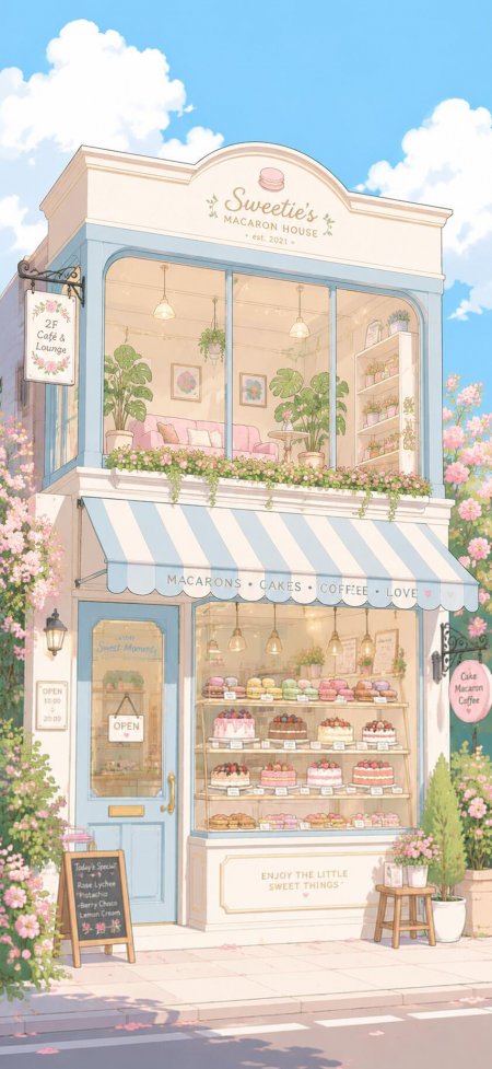 甜品店橱窗蛋糕琳琅粉蓝唯美插画手机壁纸