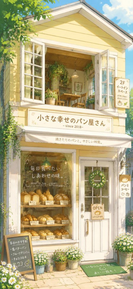 温馨日式面包店黄白清新插画手机壁纸