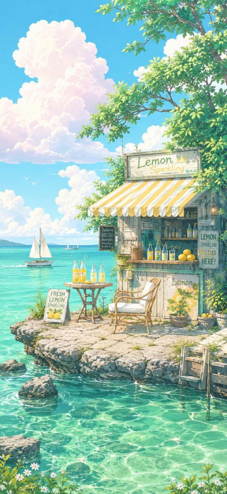 海边柠檬摊清新碧海蓝天插画手机壁纸