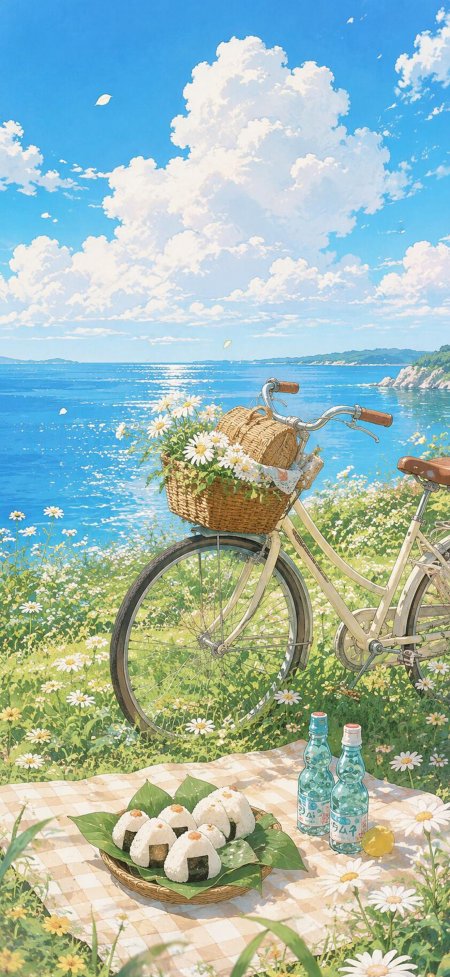 海边野餐自行车雏菊蓝白插画手机壁纸