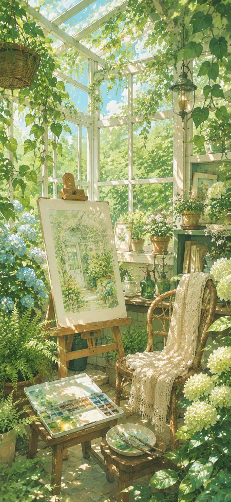 阳光温室画室绿意盎然清新唯美插画手机壁纸